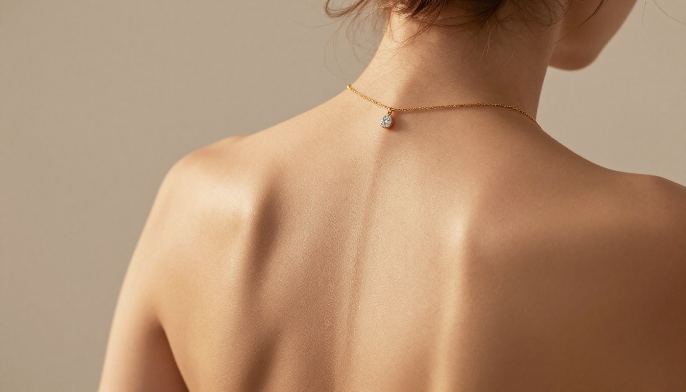 Photorealistic close-up of a woman's bare back with delicate gold jewelry, warm directional studio light