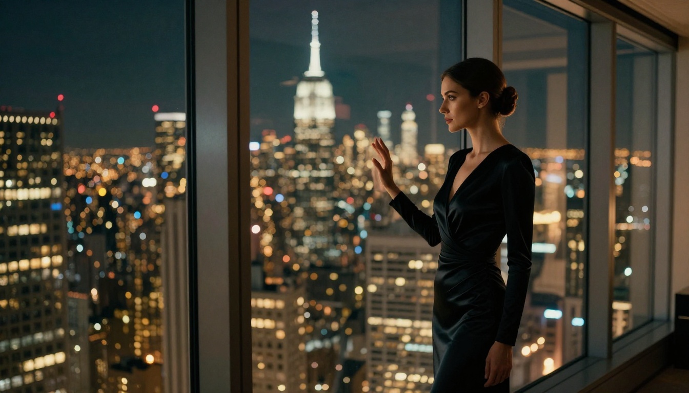 Sophisticated woman in a fitted black silk dress at the floor-to-ceiling windows of a New York penthouse at night