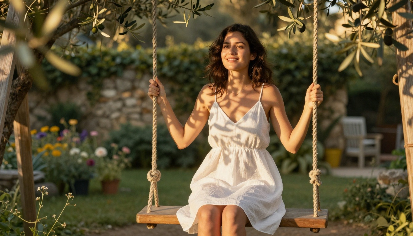 Woman in a white linen sundress on a wooden swing in a lush sun-drenched garden, golden afternoon light