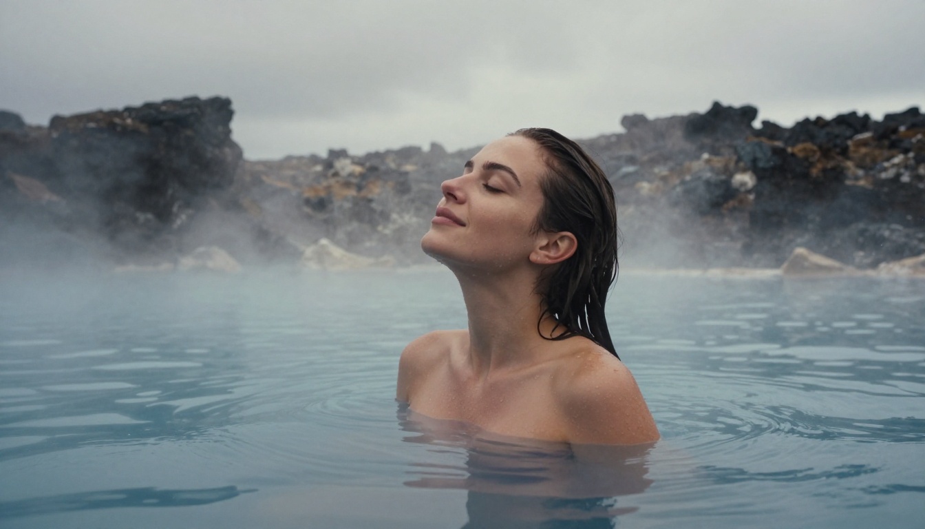 Woman relaxing in a volcanic hot spring in Iceland, mist and steam rising from the mineral water around her
