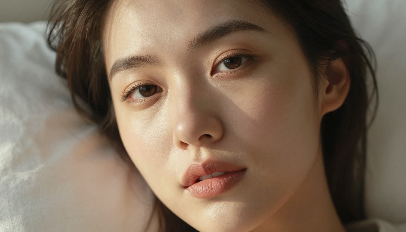 Intimate morning light portrait of a woman's face with natural skin texture, soft close-up with shallow depth of field