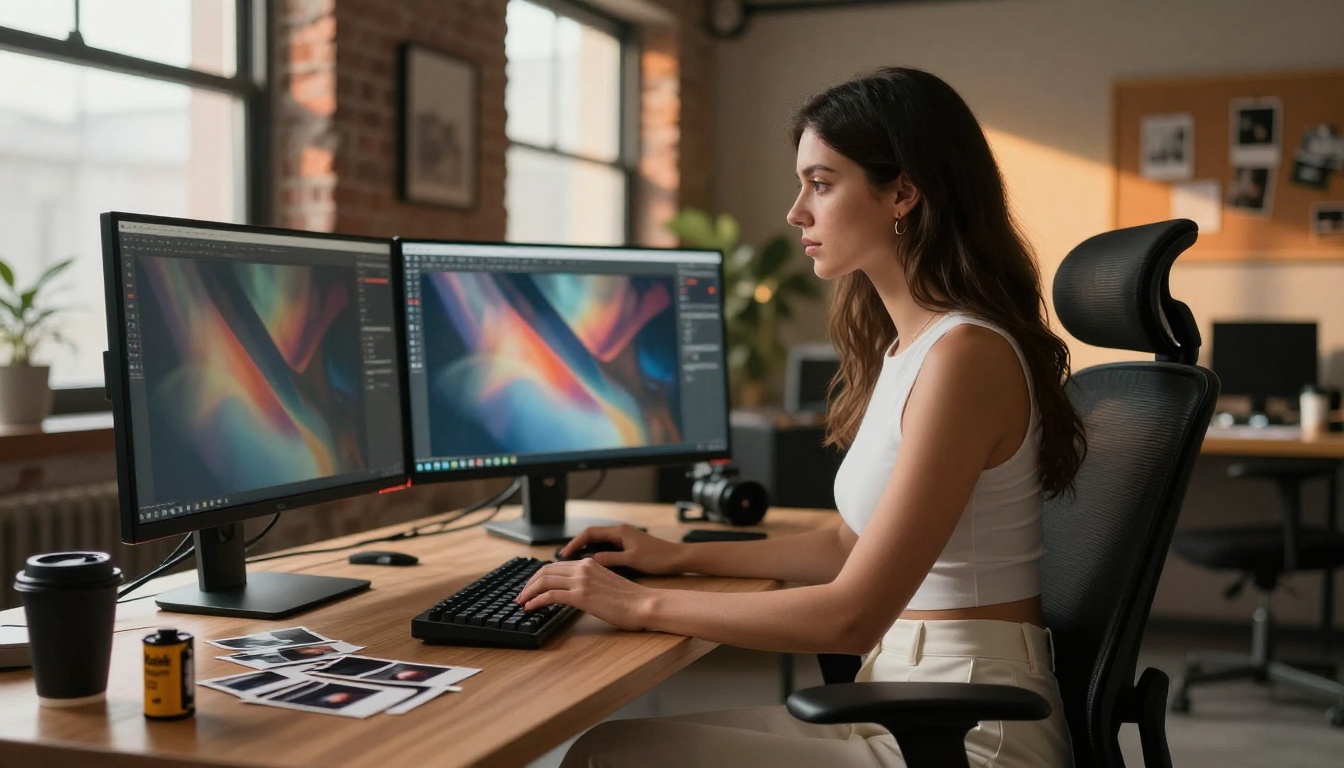 Professional female content creator at high-end AI studio with dual monitors