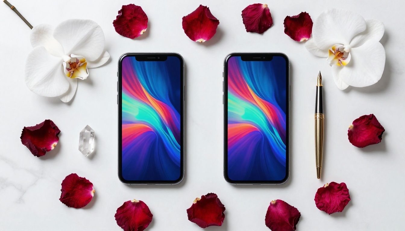 Flat-lay of two AI platform smartphones on white marble with orchid and rose petals