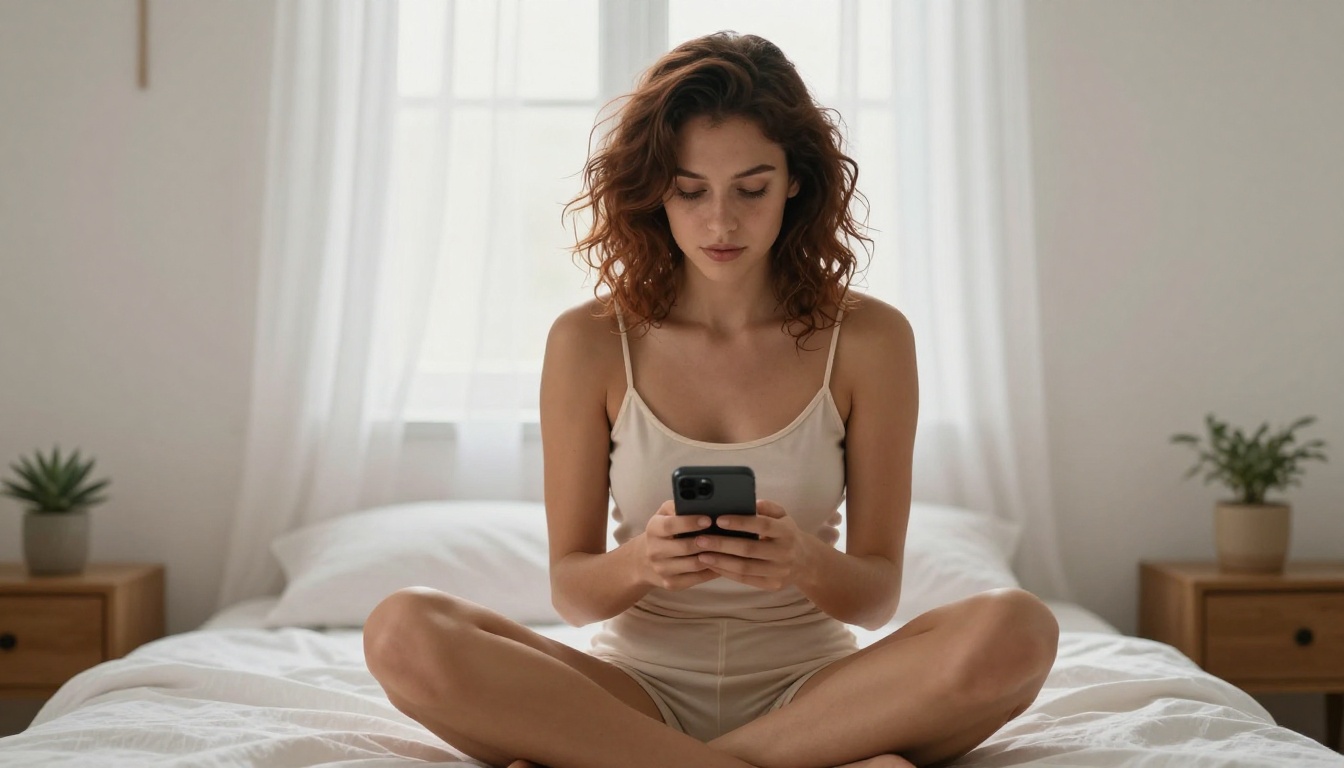 Young woman creator sitting on white linen bed holding smartphone, soft morning light through curtains, minimalist Scandinavian bedroom Young woman creator sitting on white linen bed holding smartphone, soft morning light through curtains, minimalist Scandinavian bedroom