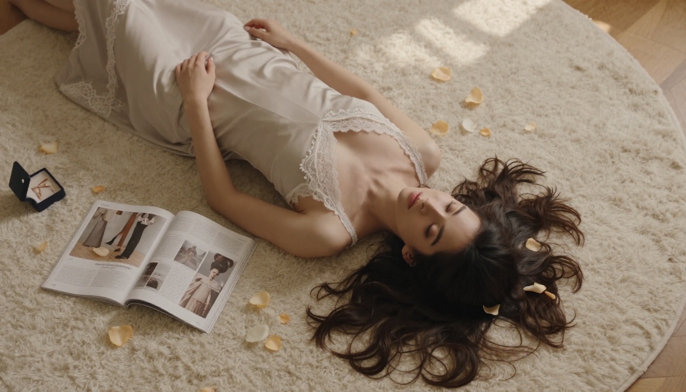 Aerial overhead shot of woman lying on cream plush rug with rose petals, elegant slip dress, warm overhead light from skylight Aerial overhead shot of woman lying on cream plush rug with rose petals, elegant slip dress, warm overhead light from skylight