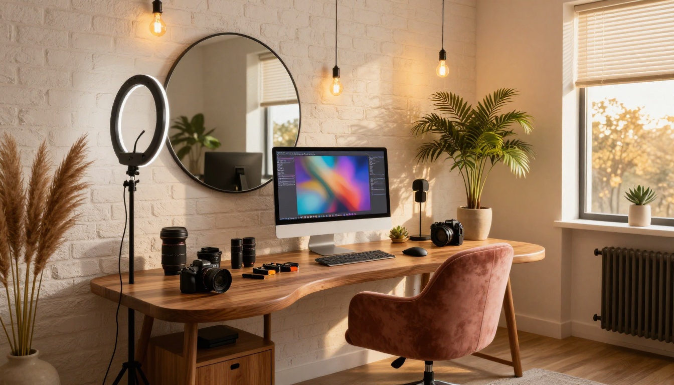 Sleek modern creator workspace with walnut desk, monitor showing colorful AI art and warm Edison lighting