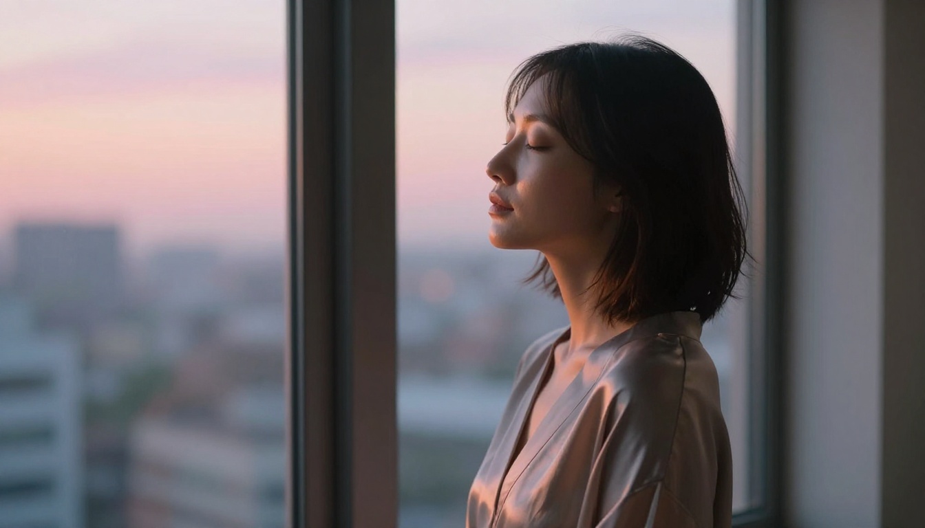 Woman standing by large apartment window at dusk wearing silk kimono, natural window light on skin, blurred city skyline behind Woman standing by large apartment window at dusk wearing silk kimono, natural window light on skin, blurred city skyline behind
