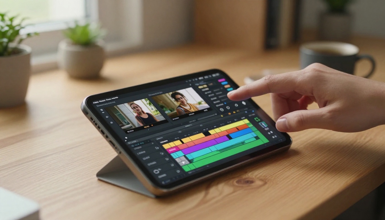 Smartphone screen showing video editing interface with timeline, wooden desk surface, woman's hand in foreground, natural window light Smartphone screen showing video editing interface with timeline, wooden desk surface, woman's hand in foreground, natural window light