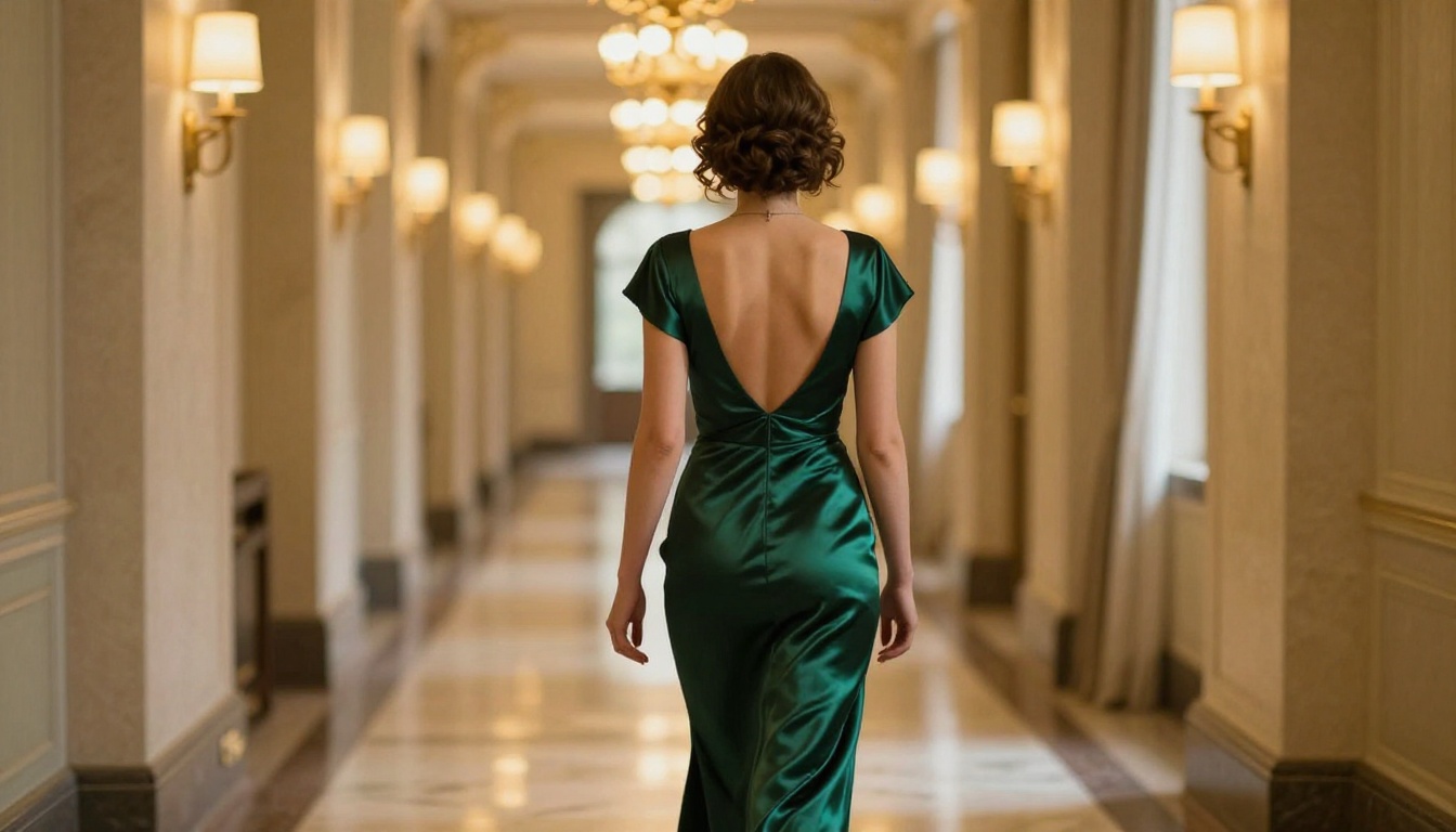Woman photographed from behind walking in luxury hotel hallway, emerald satin floor-length dress, marble floor reflections, warm chandelier amber lighting