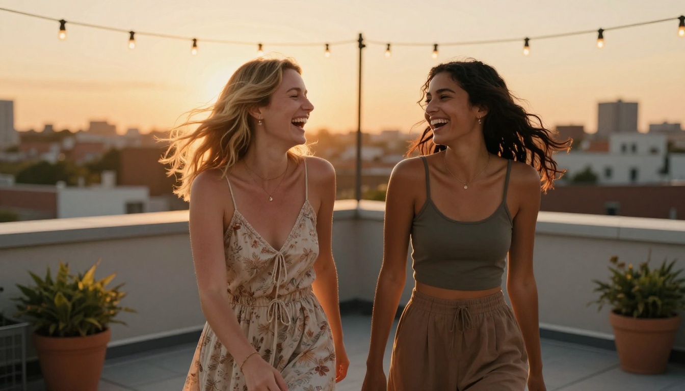 Two women friends laughing on rooftop terrace at golden hour, string lights overhead, warm city skyline bokeh, natural candid moment