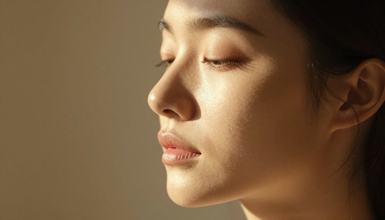 Close-up portrait with natural skin texture and dramatic lighting