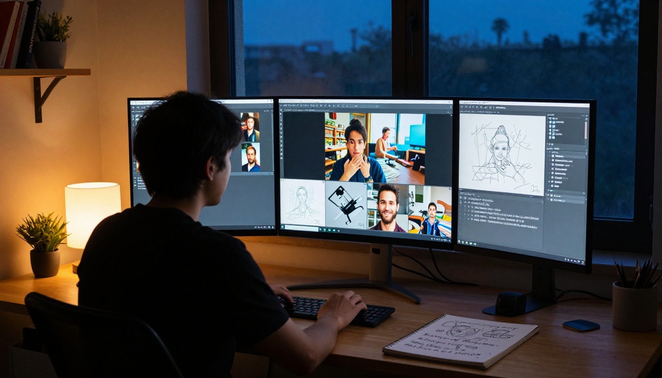 Content creator at work in a home studio at night