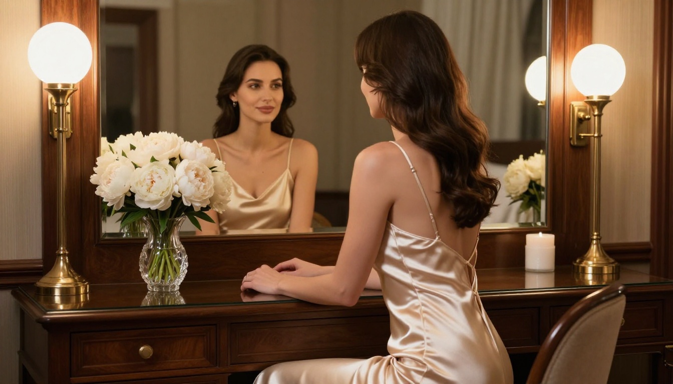 Woman in elegant setting with natural golden light and vanity mirror