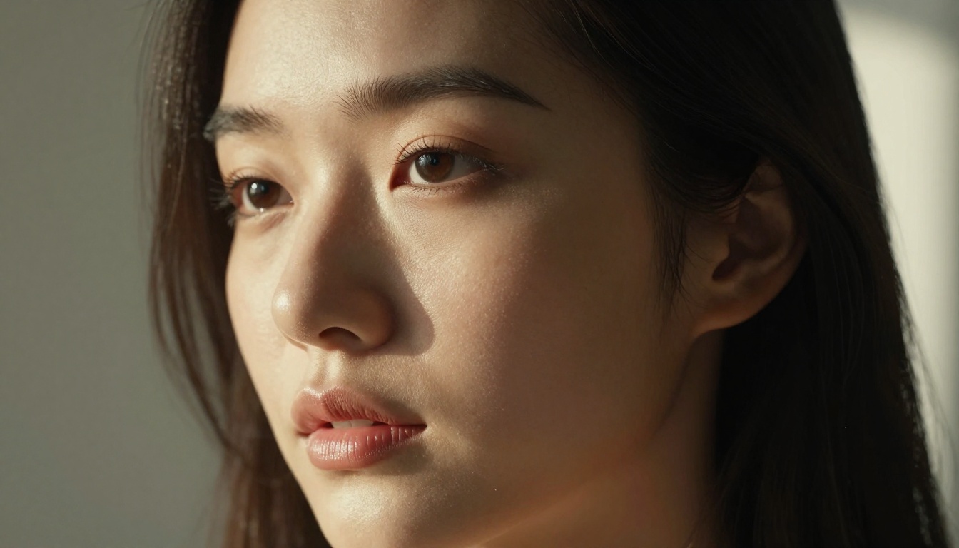 Extreme close-up portrait of a beautiful woman's face with porcelain-smooth skin, bathed in soft diffused window light, sharp skin texture detail, Kodak Portra 400
