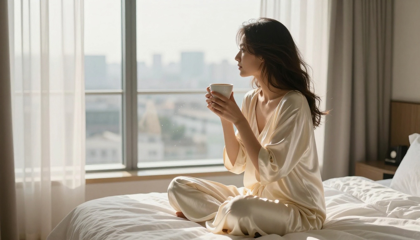 A woman sitting on crumpled white linen in a sun-drenched luxury hotel room, wearing a cream silk slip, holding a coffee cup, warm morning light through sheer curtains, intimate atmosphere