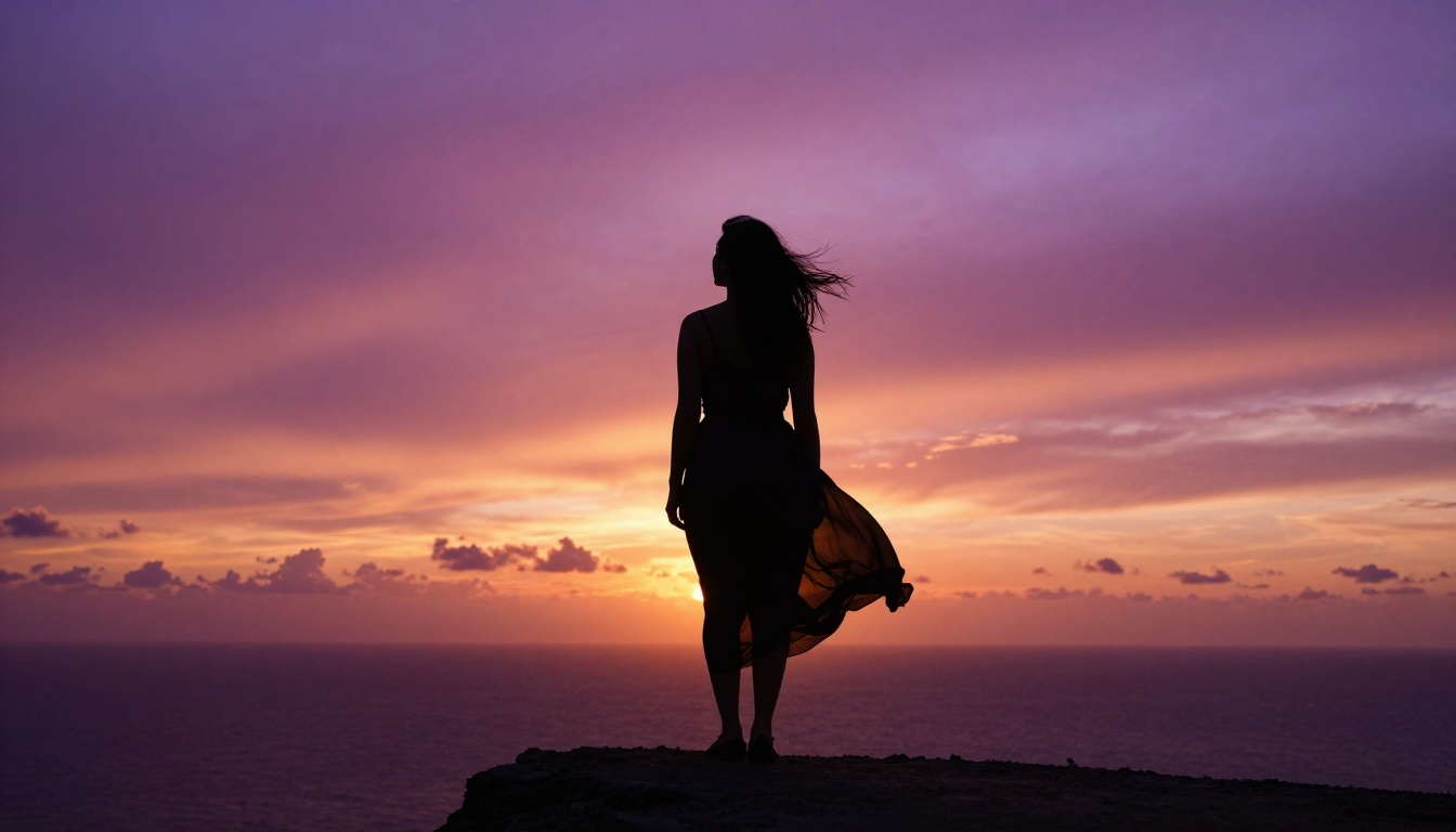 Woman's silhouette standing on a cliff edge at dusk, backlit by deep magenta and violet sunset sky, dress billowing in coastal wind, rim of warm orange light outlining her form
