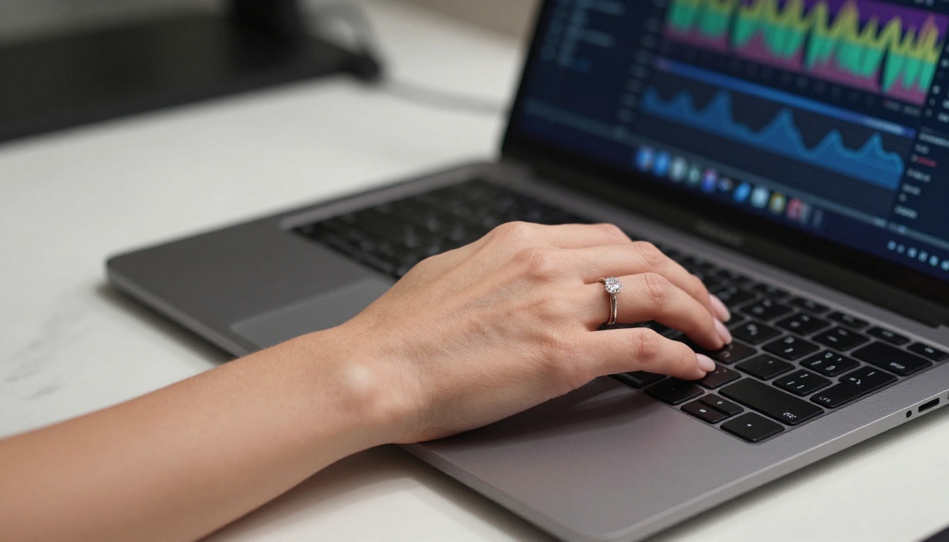 Close-up of a woman's hand with elegantly manicured natural nails resting on a black laptop keyboard, forearm skin texture visible, blurred monitors in bokeh background, overhead directional lighting