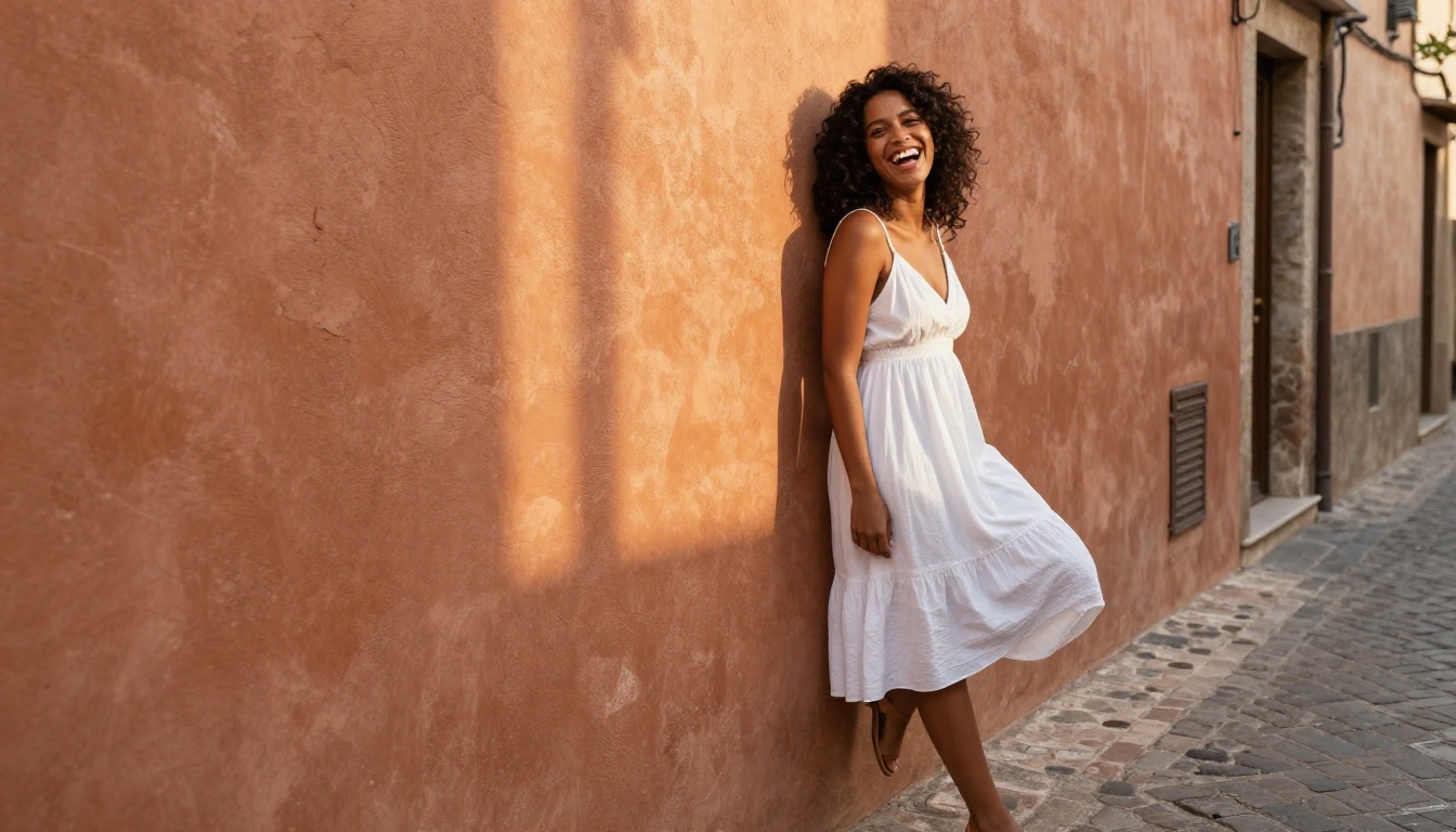 A beautiful woman with olive skin and dark curly hair laughing candid against a terracotta wall in a European cobblestone alley, white summer dress, golden afternoon light