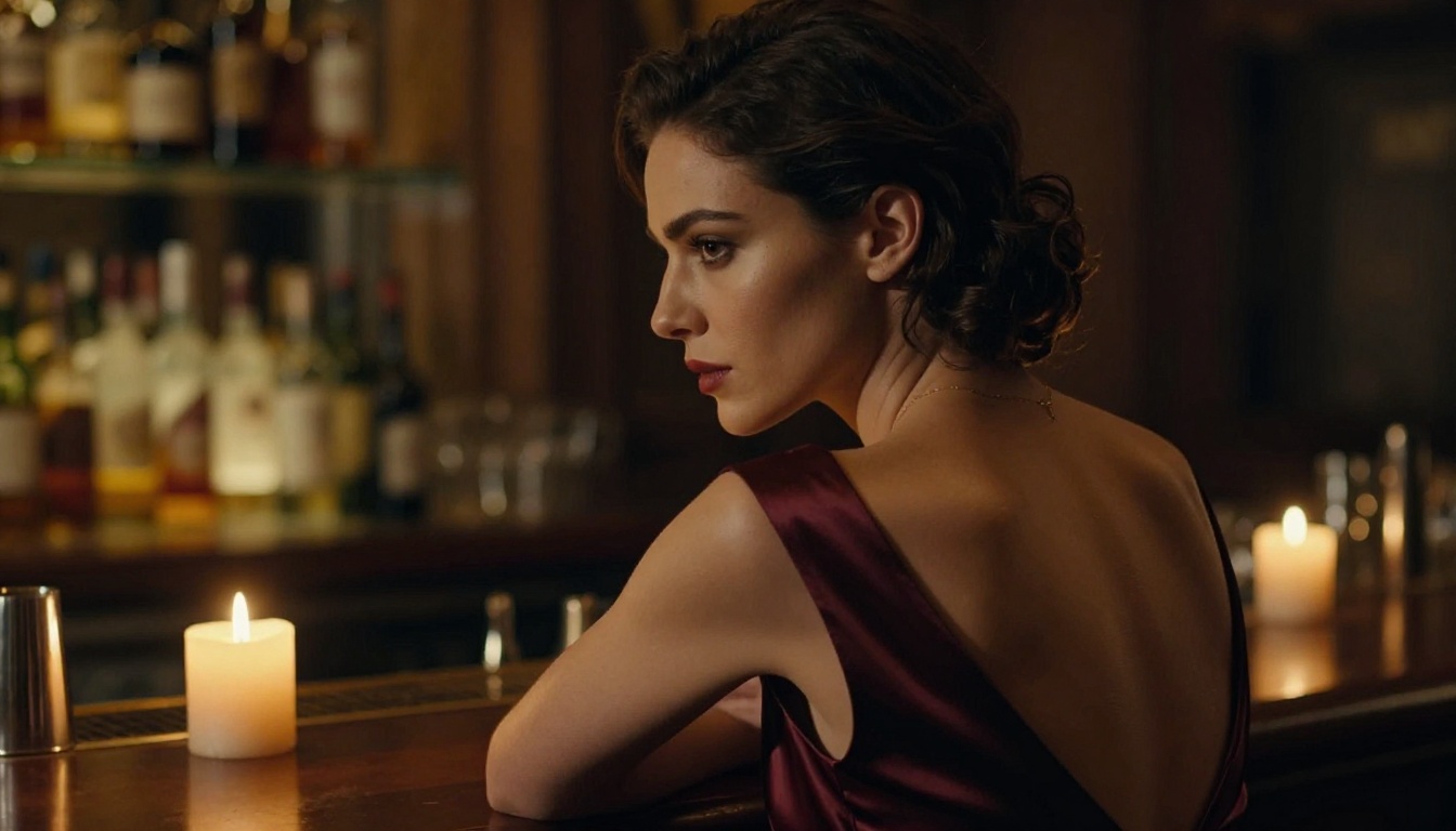 Side profile portrait of a woman with angular jawline at a candlelit bar, wearing a backless burgundy satin dress, warm amber candle flame reflected in dark eyes, intimate bokeh background