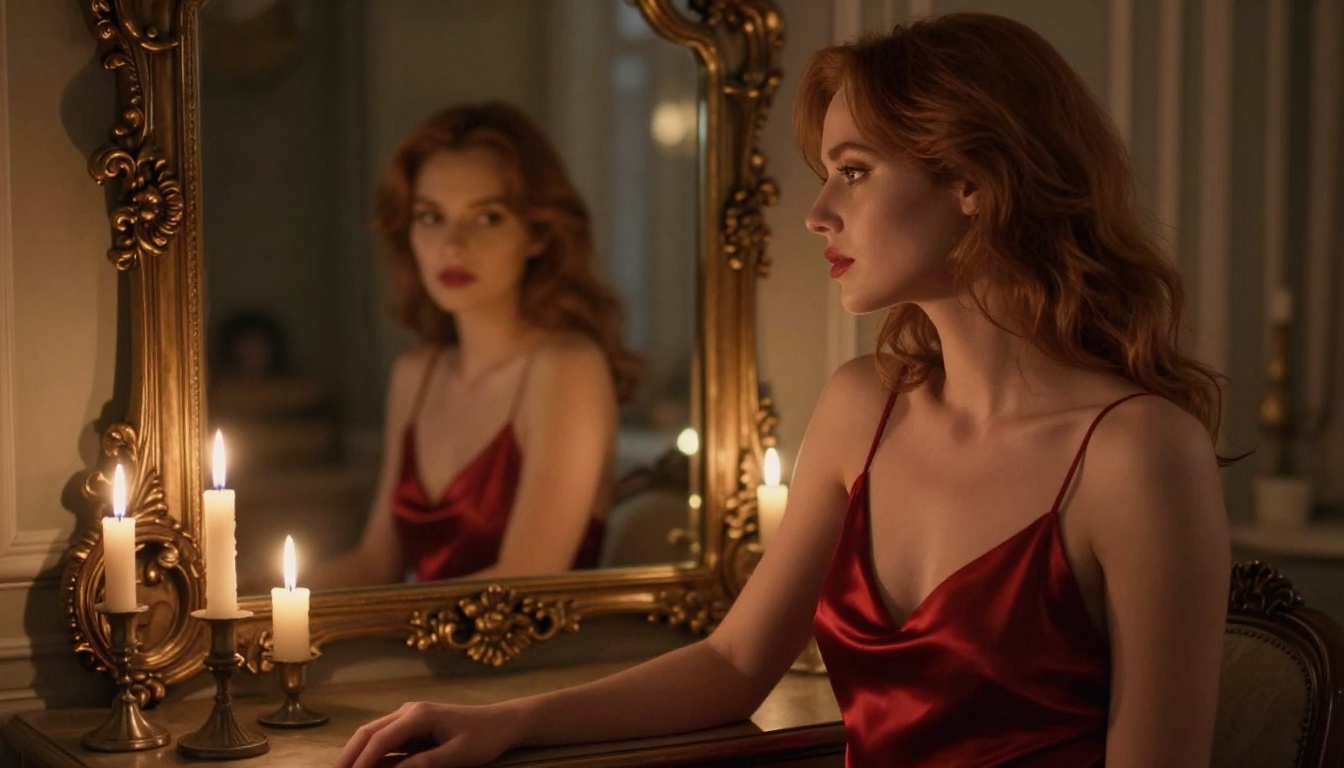 Glamour portrait of a woman at a Parisian vanity with candlelight