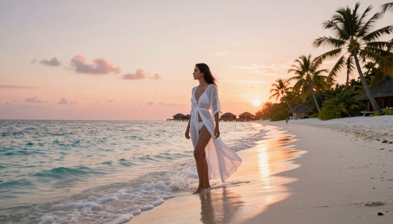 Woman in sheer beach cover-up at sunset on a Maldivian beach
