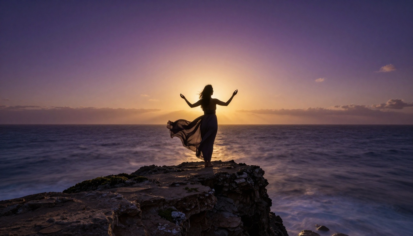 Artistic silhouette of a woman on a cliff at dusk against a dramatic sunset sky