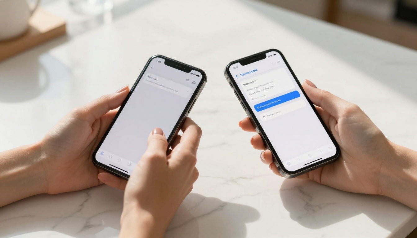 Two smartphones held side by side showing AI generation interfaces on marble countertop