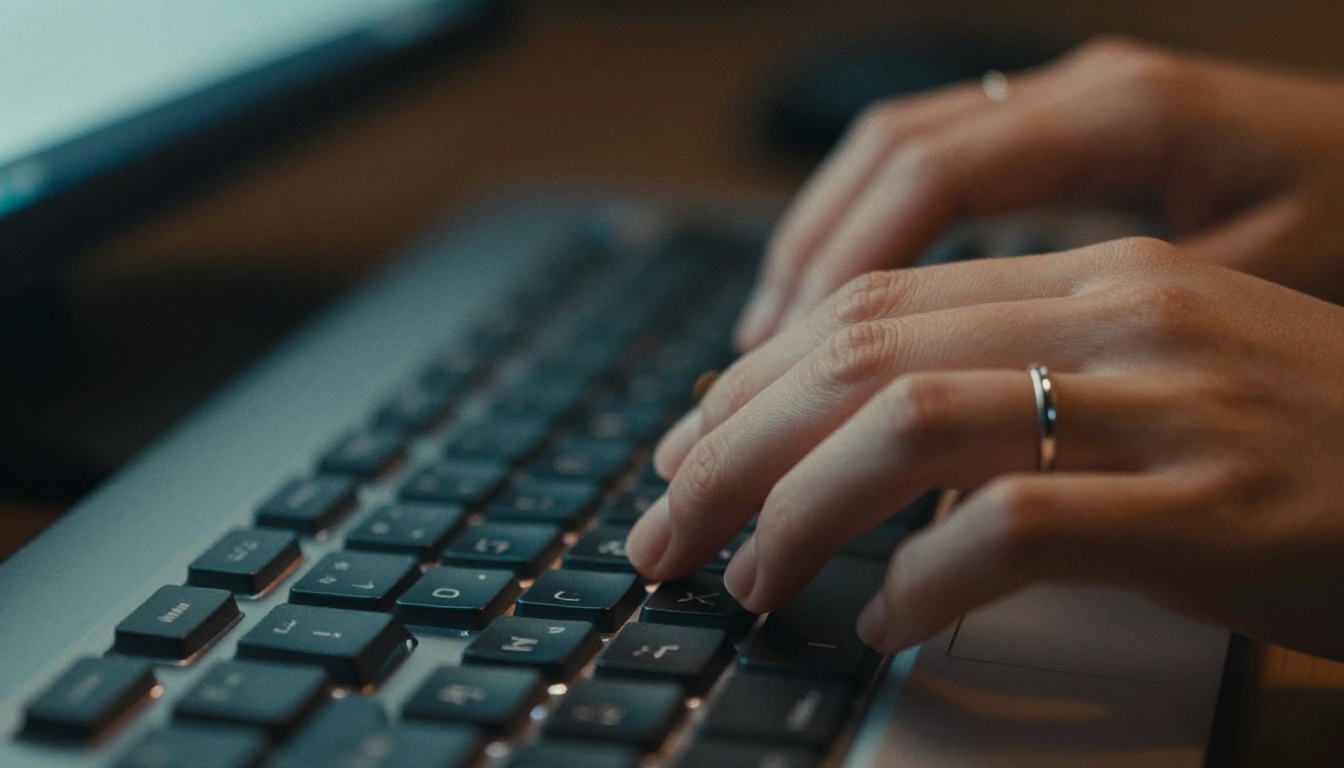 Close-up of hands typing on backlit keyboard with warm screen glow in creative studio