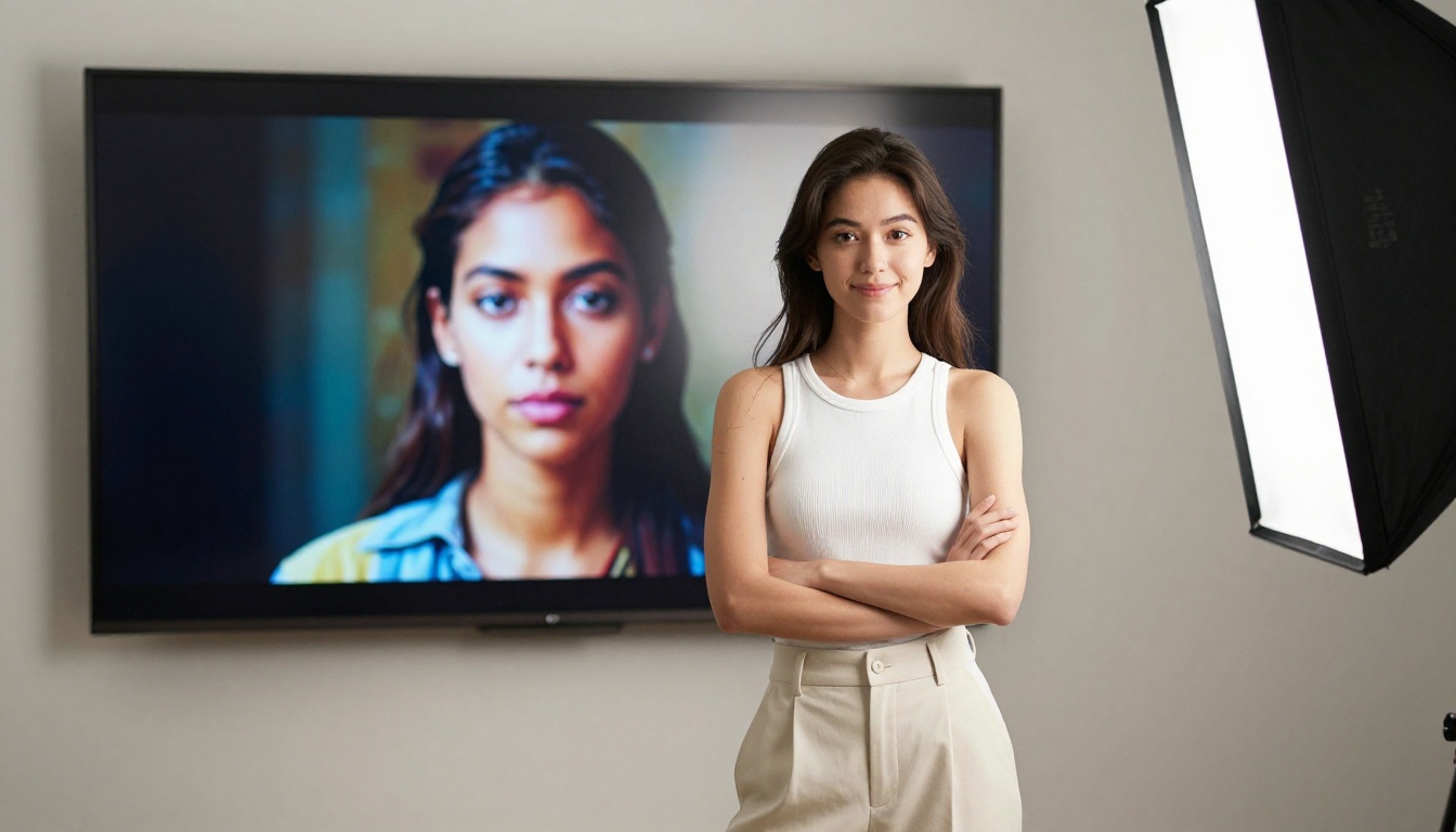 Young woman in ribbed tank top standing in front of large digital art display