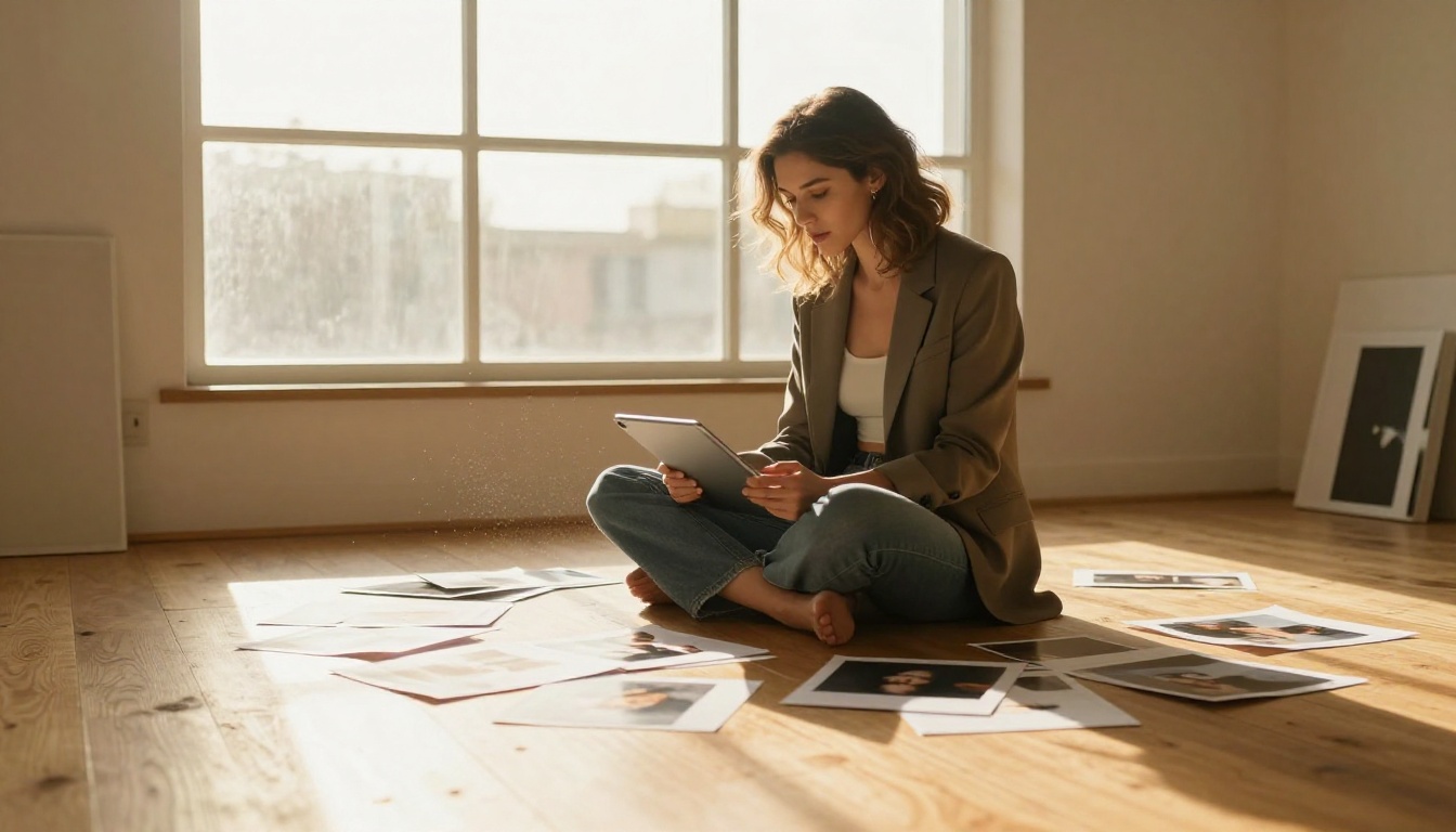 Low-angle shot looking up at creative woman with tablet on studio floor surrounded by printed photos