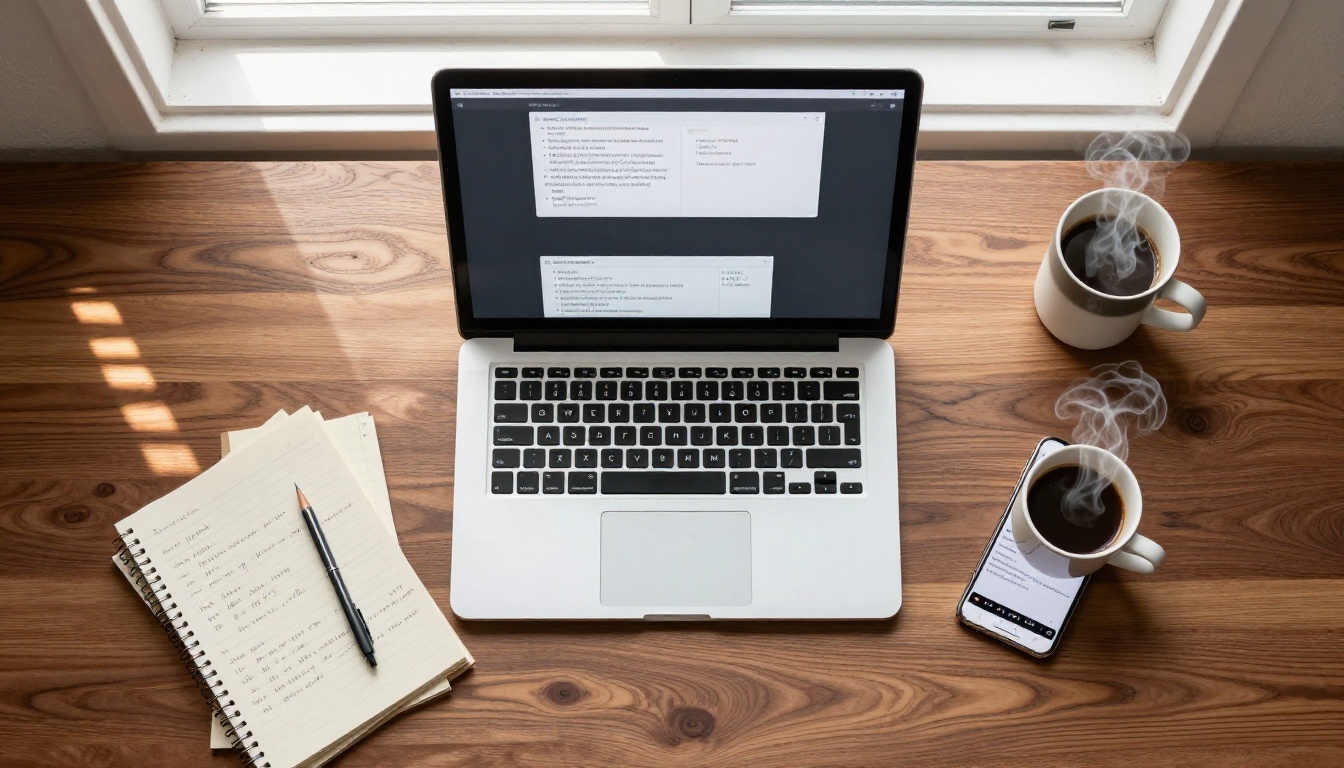 Aerial bird's-eye view of modern desk workspace with laptop, notes, and coffee