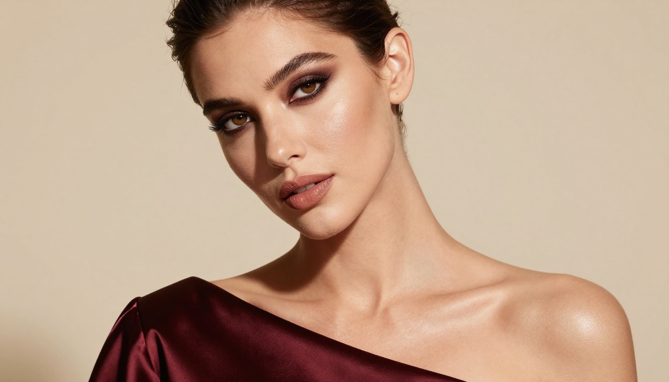 Glamour beauty close-up of woman in off-shoulder burgundy satin dress with dramatic side lighting