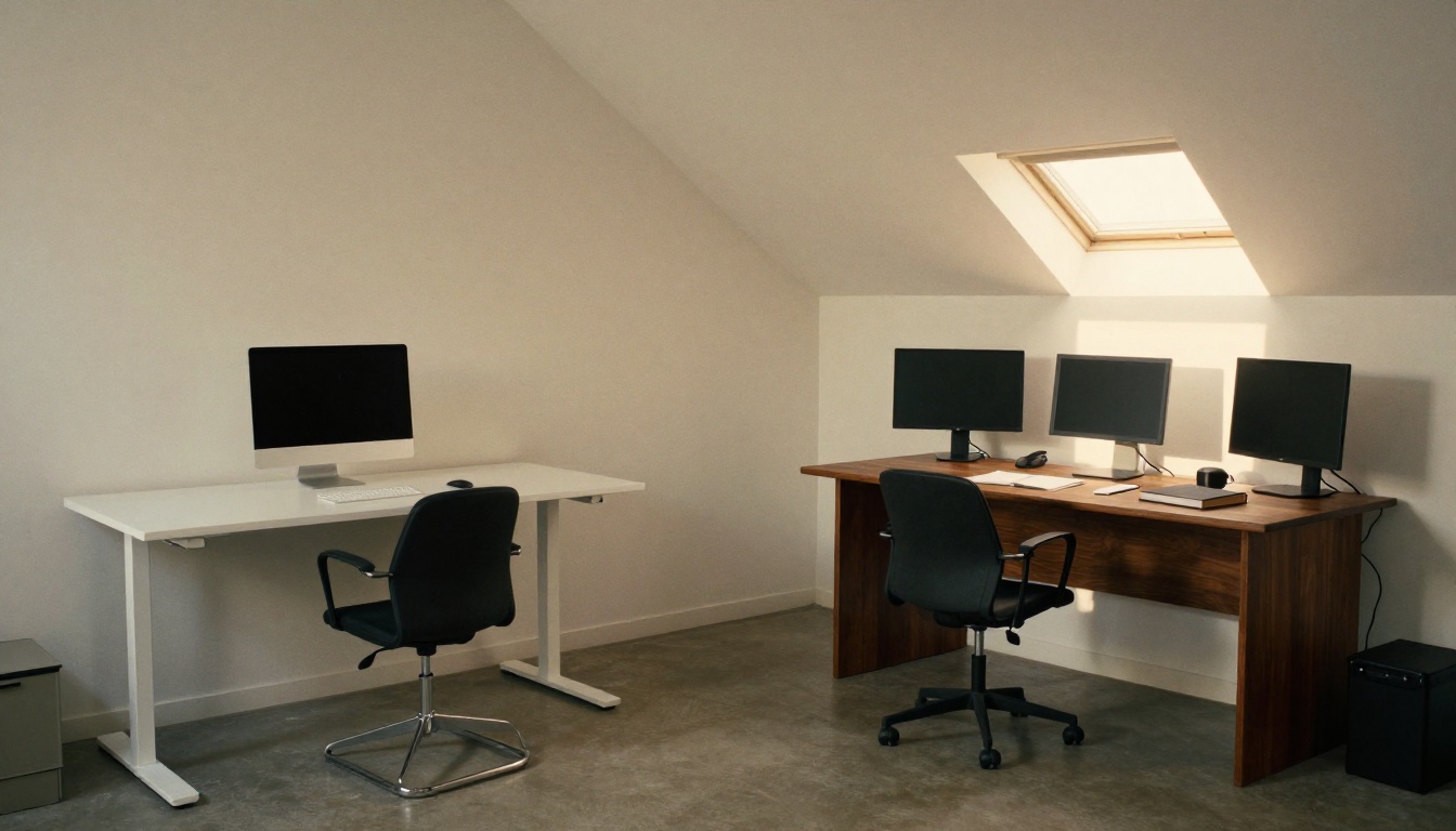 Split open-plan studio with two contrasting workstations, clean minimal left vs maximalist dark right