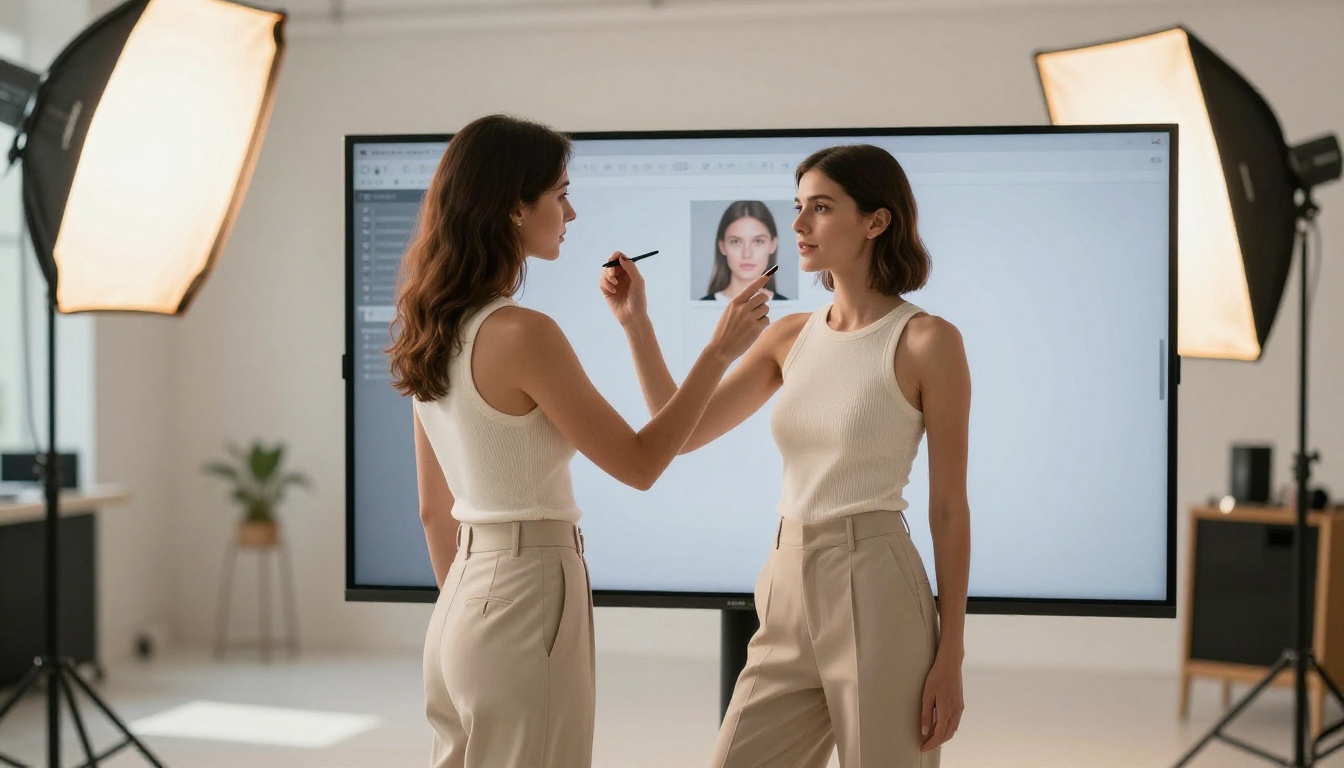 Confident woman in ribbed cream top reviewing image results on large curved studio monitor