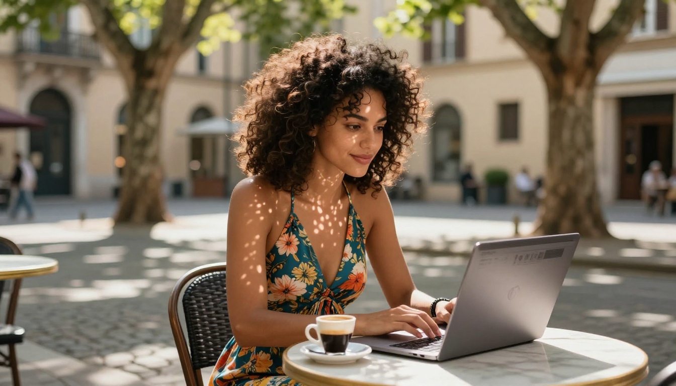 Attractive woman with voluminous curly hair at outdoor cafe table using laptop with AI platform in sunlit European plaza