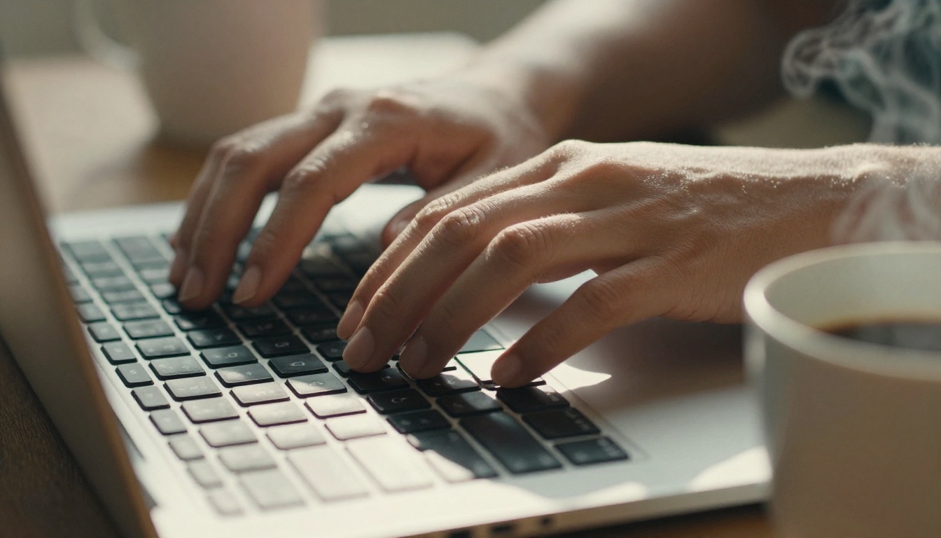 Close-up of hands typing on a laptop keyboard, warm morning sunlight, detailed finger texture
