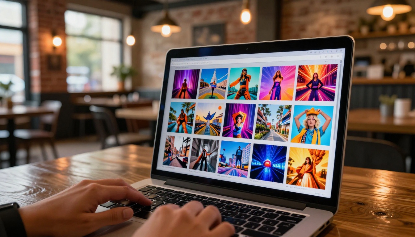 Low-angle view of laptop screen showing AI image gallery results Low-angle view of laptop screen showing AI image gallery results