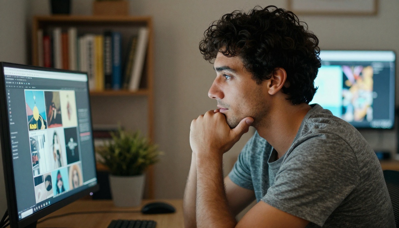 Side profile of a focused man at desk looking at AI image results on monitor Side profile of a focused man at desk looking at AI image results on monitor