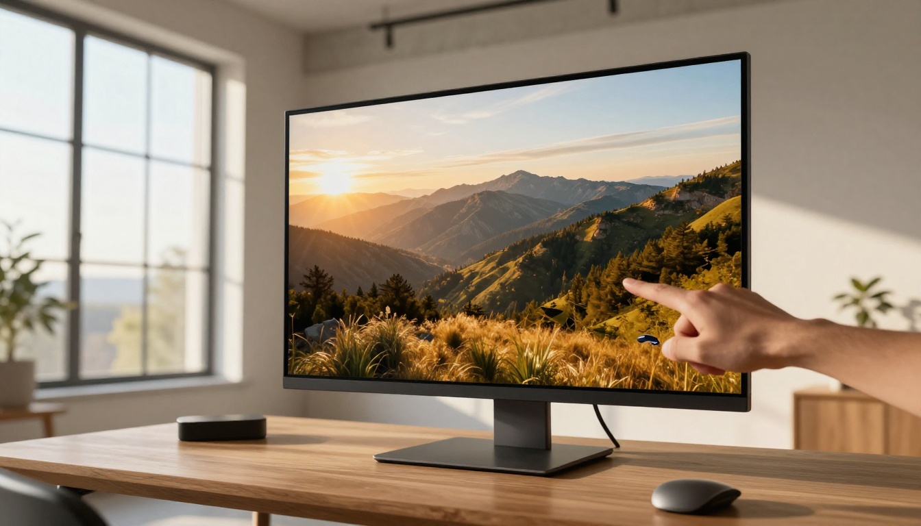 AI-generated landscape displayed on a large monitor in a Scandinavian-style studio