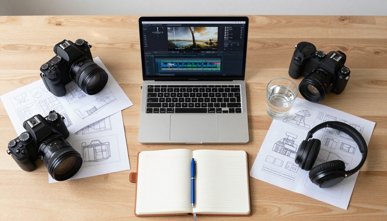 Aerial flat-lay of creative workspace with camera, lenses, storyboards and laptop