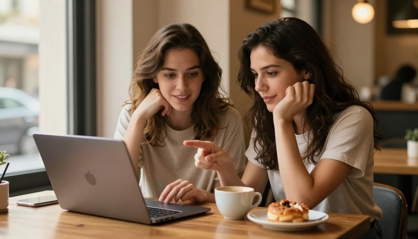 Two women reviewing AI-generated images together at a cafe, both looking at a laptop screen