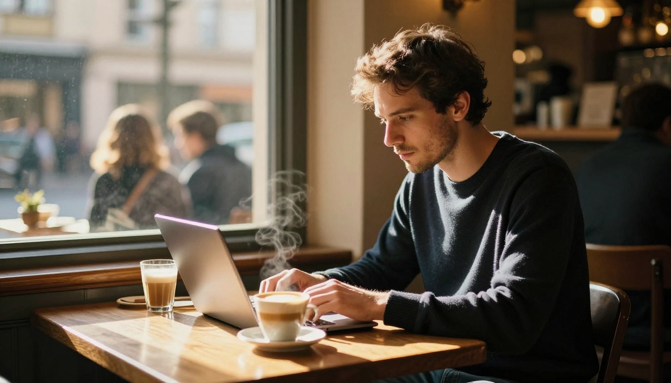 Man focused on laptop in a sunlit coffee shop with warm afternoon light