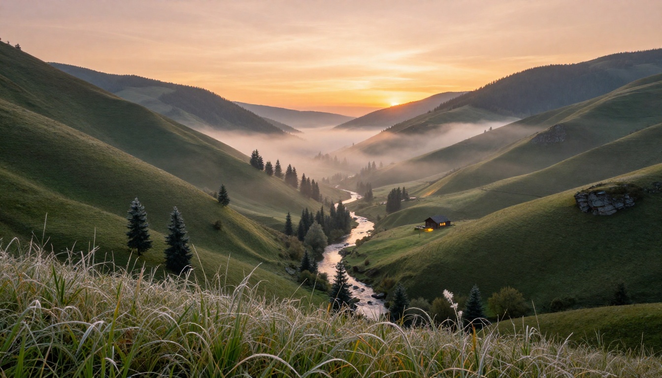 Breathtaking cinematic mountain valley landscape at golden hour with morning mist