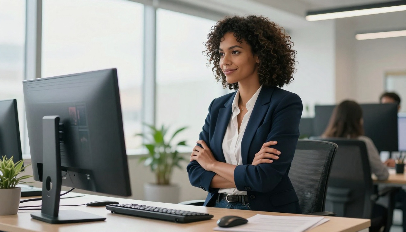 Woman with arms crossed reviewing a portfolio of AI-generated images on a large monitor in a modern office