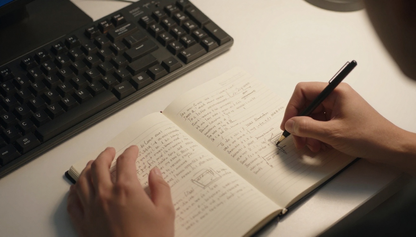 Close-up overhead shot of hands hovering over keyboard with a handwritten prompt notebook open beside it