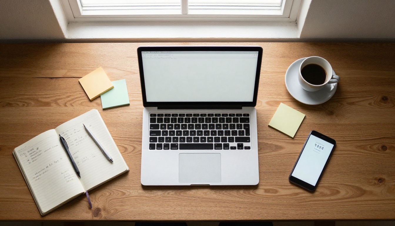 Flat lay aerial view of creative professional desk workspace with laptop and notebook