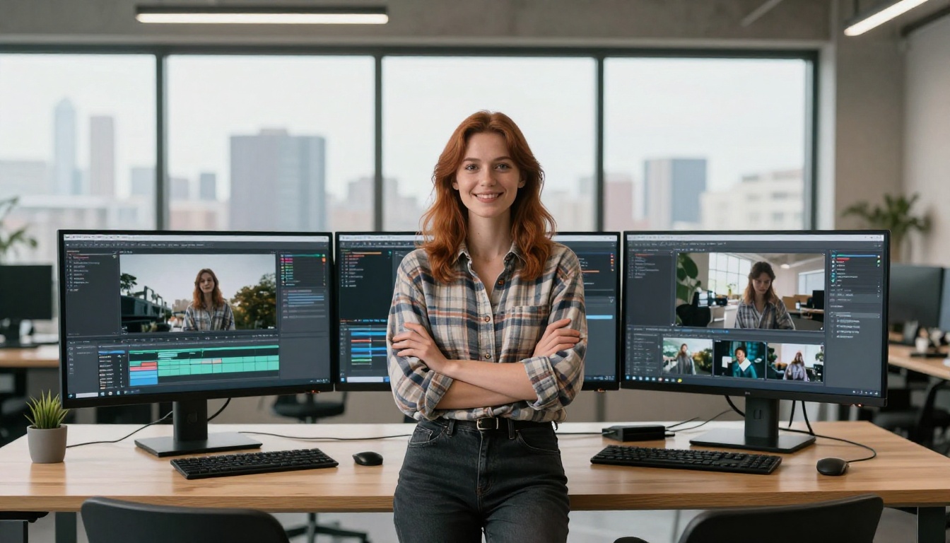 Woman with confident posture reviewing video content across multiple monitors in modern office