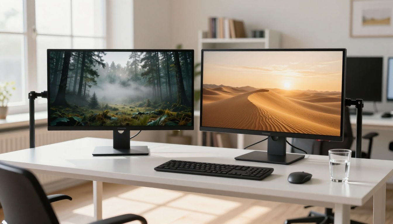 A bright creative studio workspace with two monitors side by side displaying different AI-generated landscape images