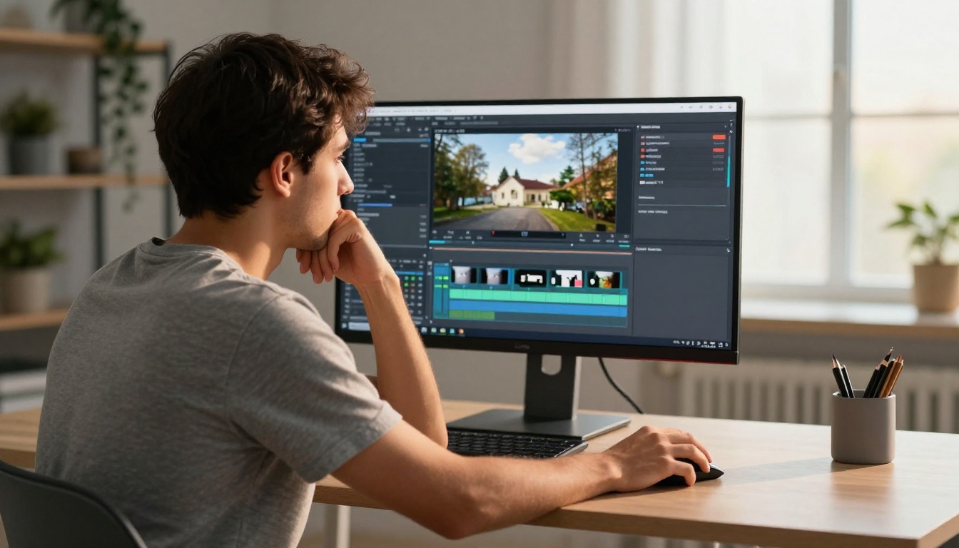 Over-the-shoulder view of person reviewing AI video on widescreen monitor