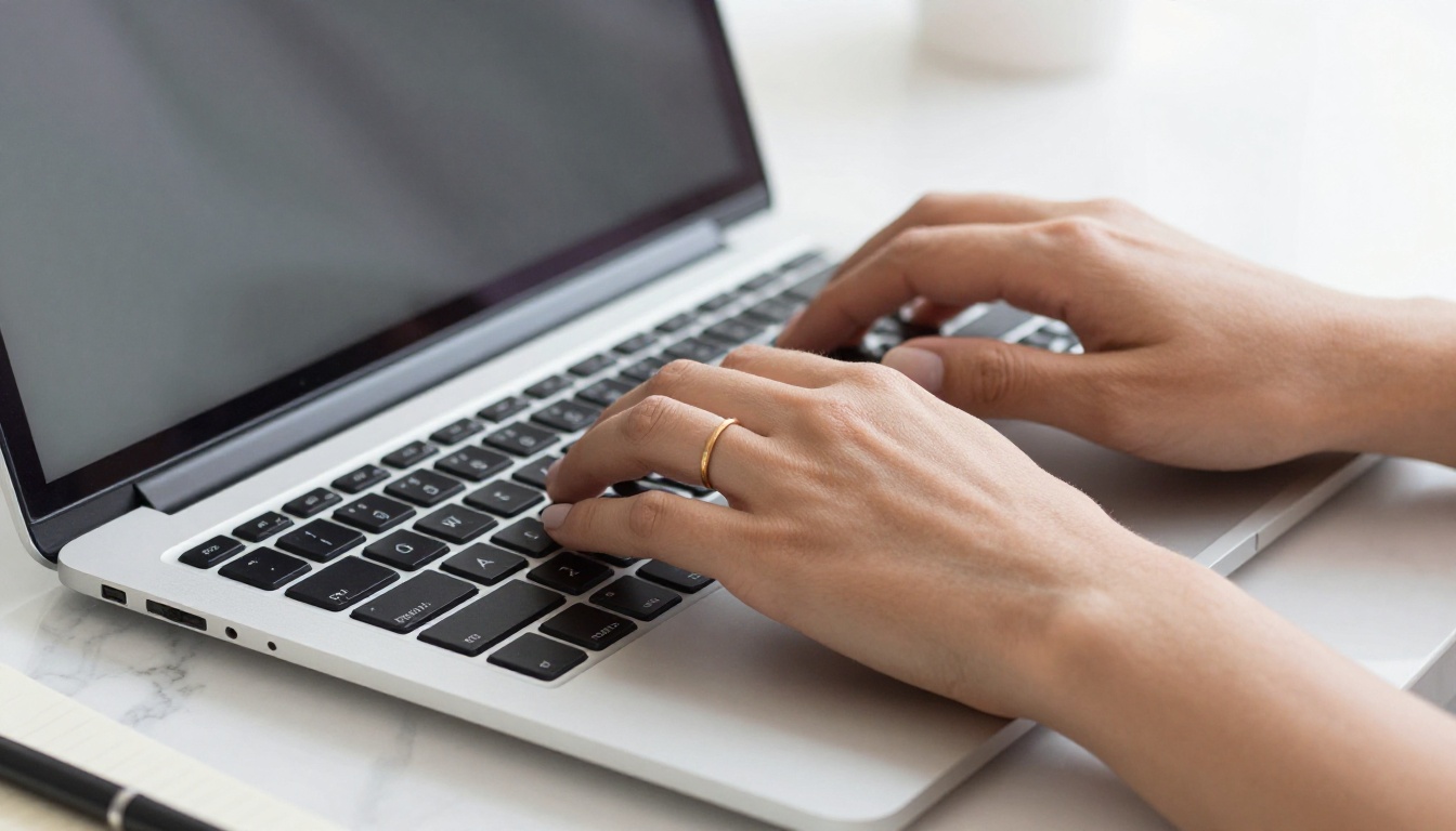 Close-up of woman's hands typing on laptop keyboard on white marble desk